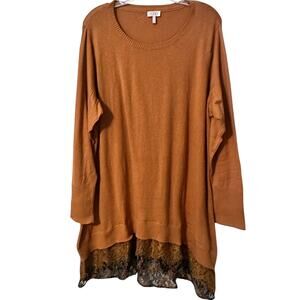 LOGO Lori Goldstein Walnut Brown Tunic Size 2X Lace Hem Cotton-Cashmere Top